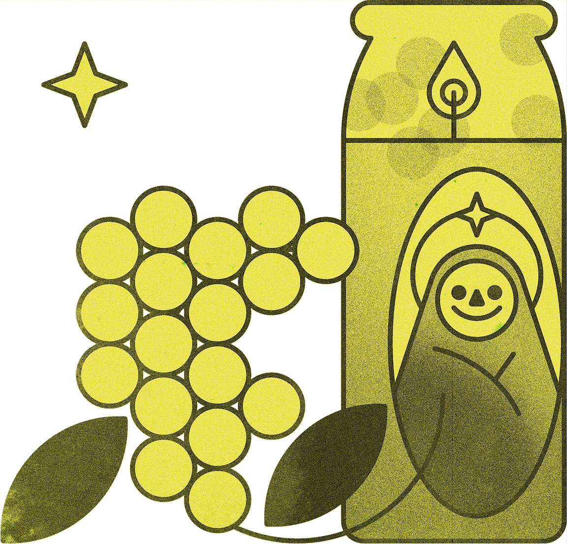 A yellow illustration of a prayer candle and grapes.